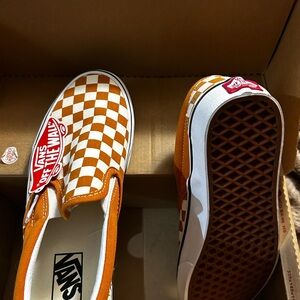 Vans Orange and White Checkered Slip-Ons
